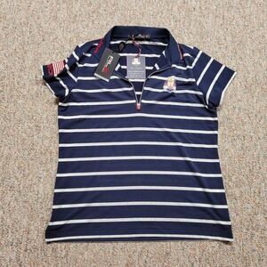 Ralph Lauren RLX Polo Shirt Womens Large Blue Striped Team‎ Issue US Ryder Cup